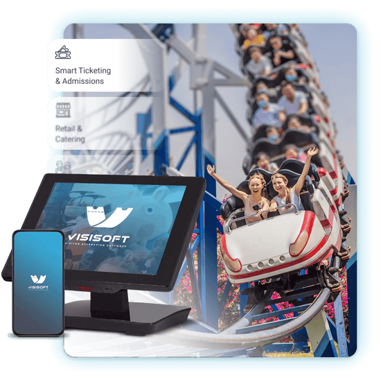Visisoft software displayed on a screen with group of people on a rollercoaster in the background